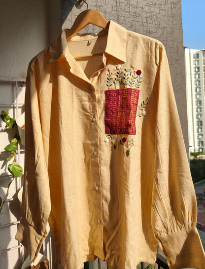 Oversized Embroided Brown Linen Shirt (Flower)