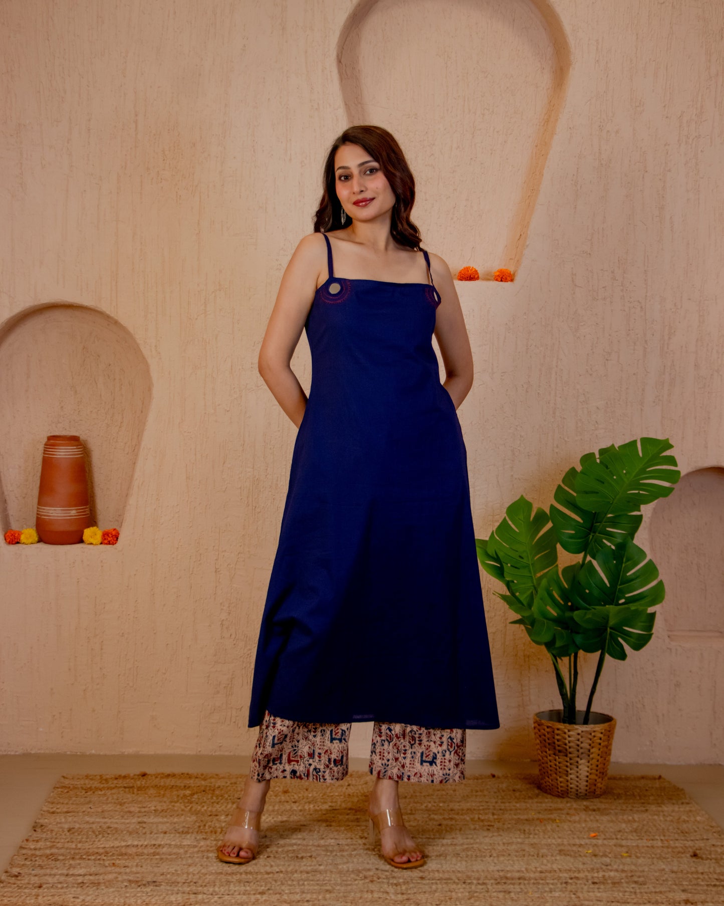 Maru Blue A-Line Kurta with Ajrakh Print Pant