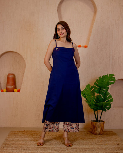 Maru Blue A-Line Kurta with Ajrakh Print Pant