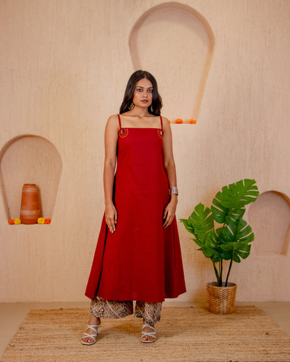 Maru Red A-Line Kurta with Ajrakh Print Pant