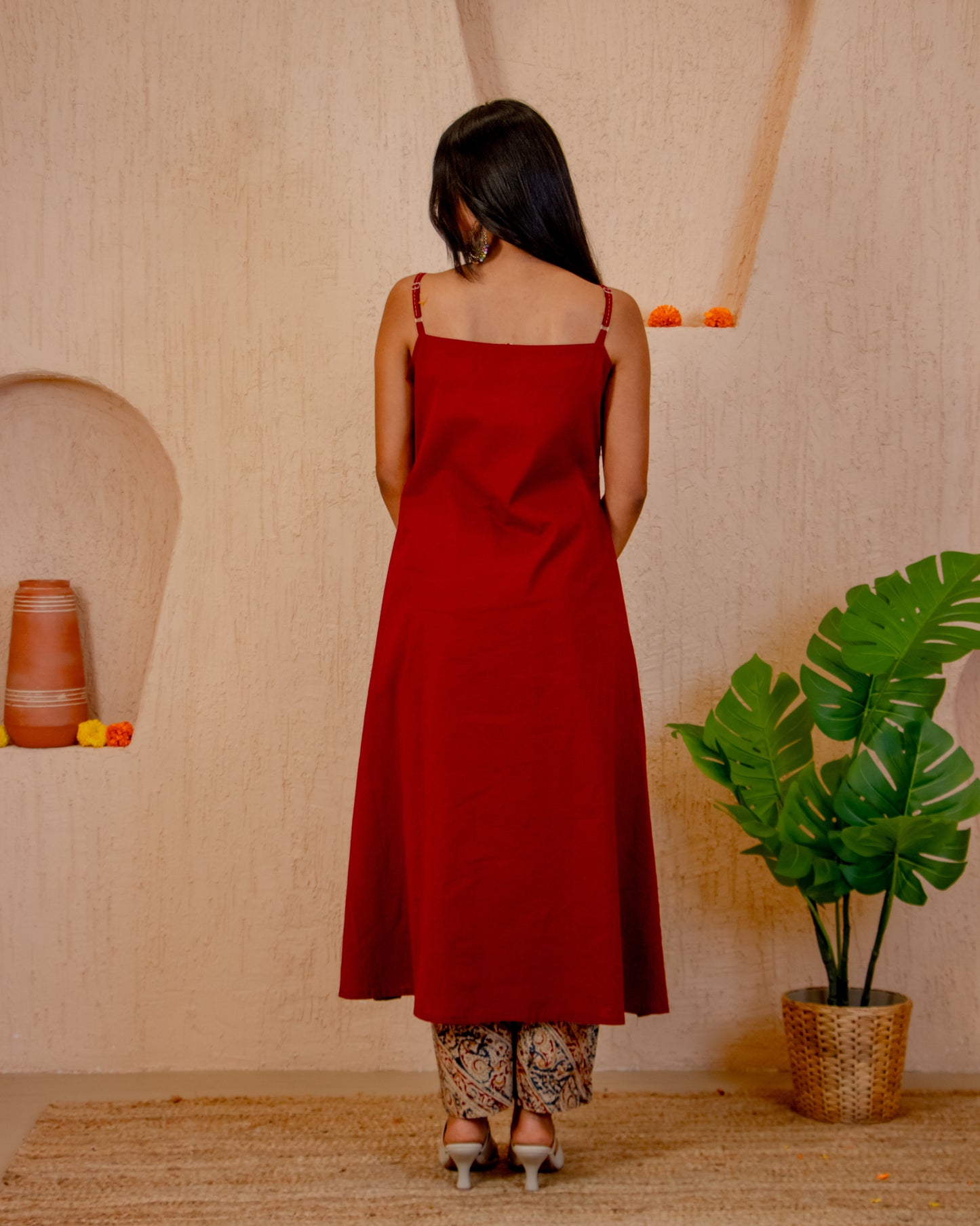 Maru Red A-Line Kurta with Ajrakh Print Pant