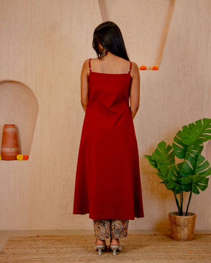 Maru Red A-Line Kurta with Ajrakh Print Pant