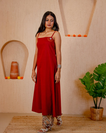 Maru Red A-Line Kurta with Ajrakh Print Pant