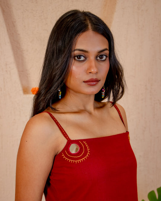 Maru Red A-Line Kurta with Ajrakh Print Pant