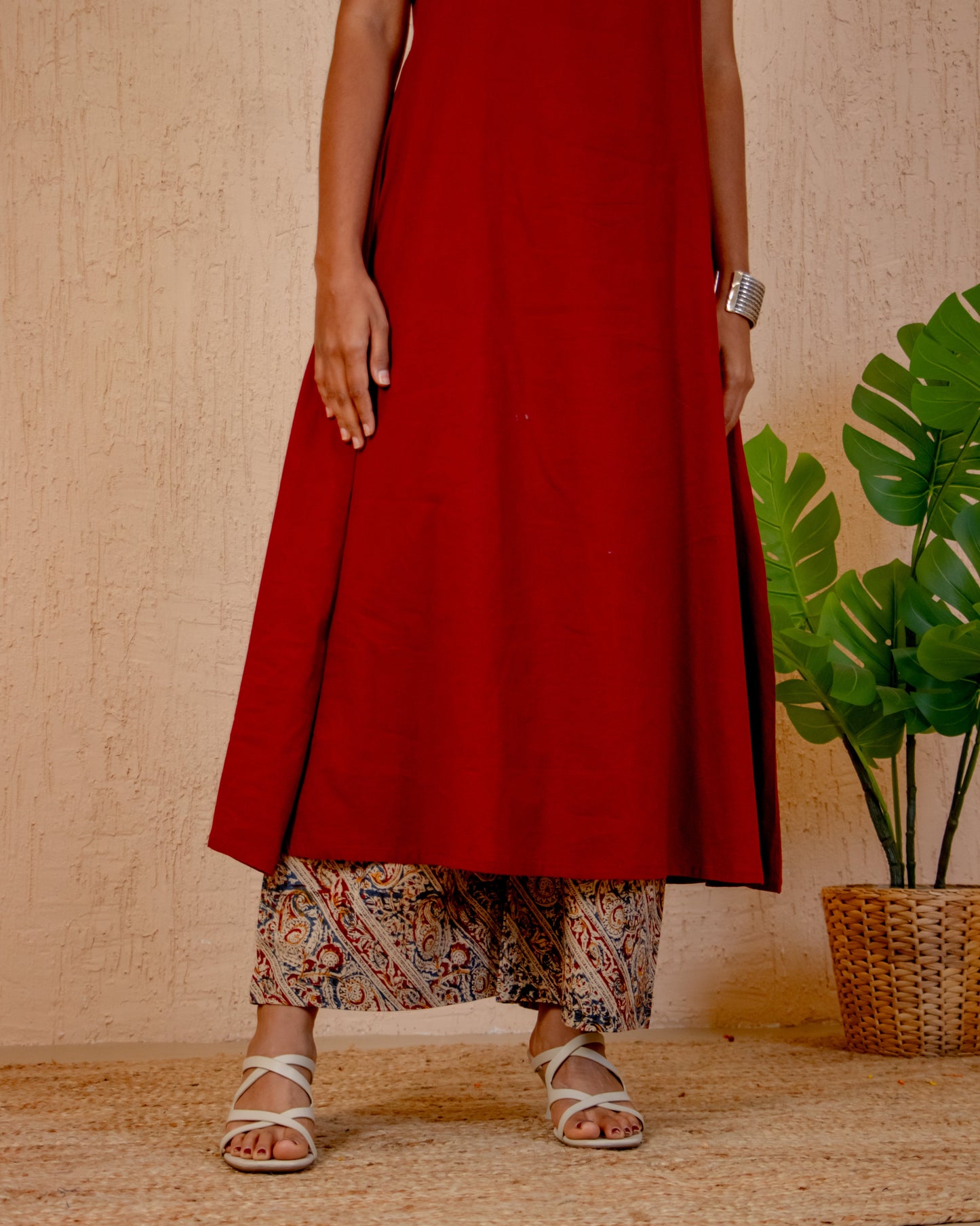 Maru Red A-Line Kurta with Ajrakh Print Pant