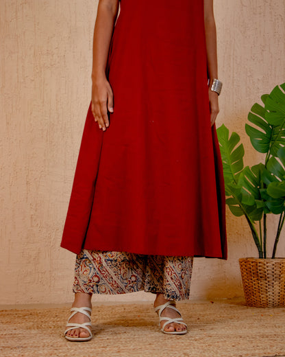 Maru Red A-Line Kurta with Ajrakh Print Pant