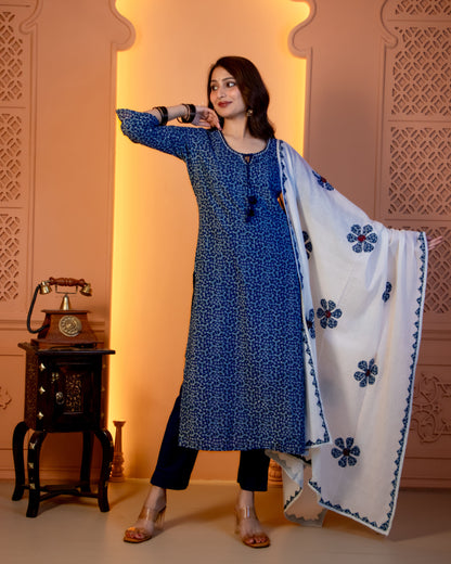 Miras Indigo Blossom Block-Print Kurta Set with Statement Dupatta