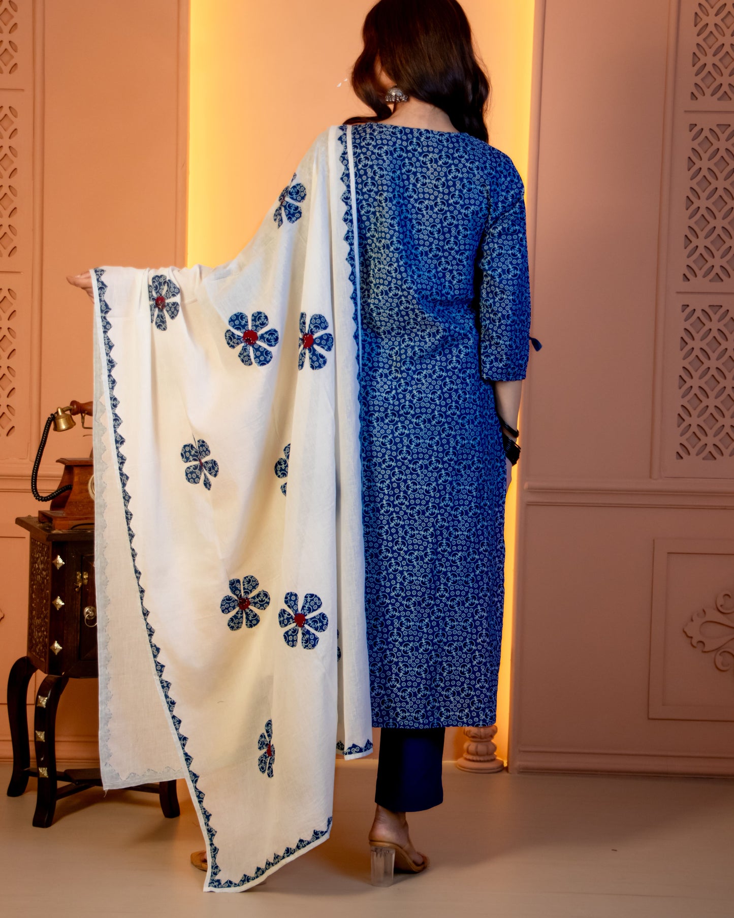 Miras Indigo Blossom Block-Print Kurta Set with Statement Dupatta