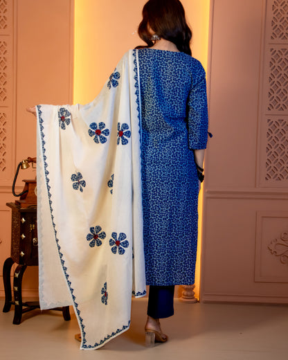Miras Indigo Blossom Block-Print Kurta Set with Statement Dupatta