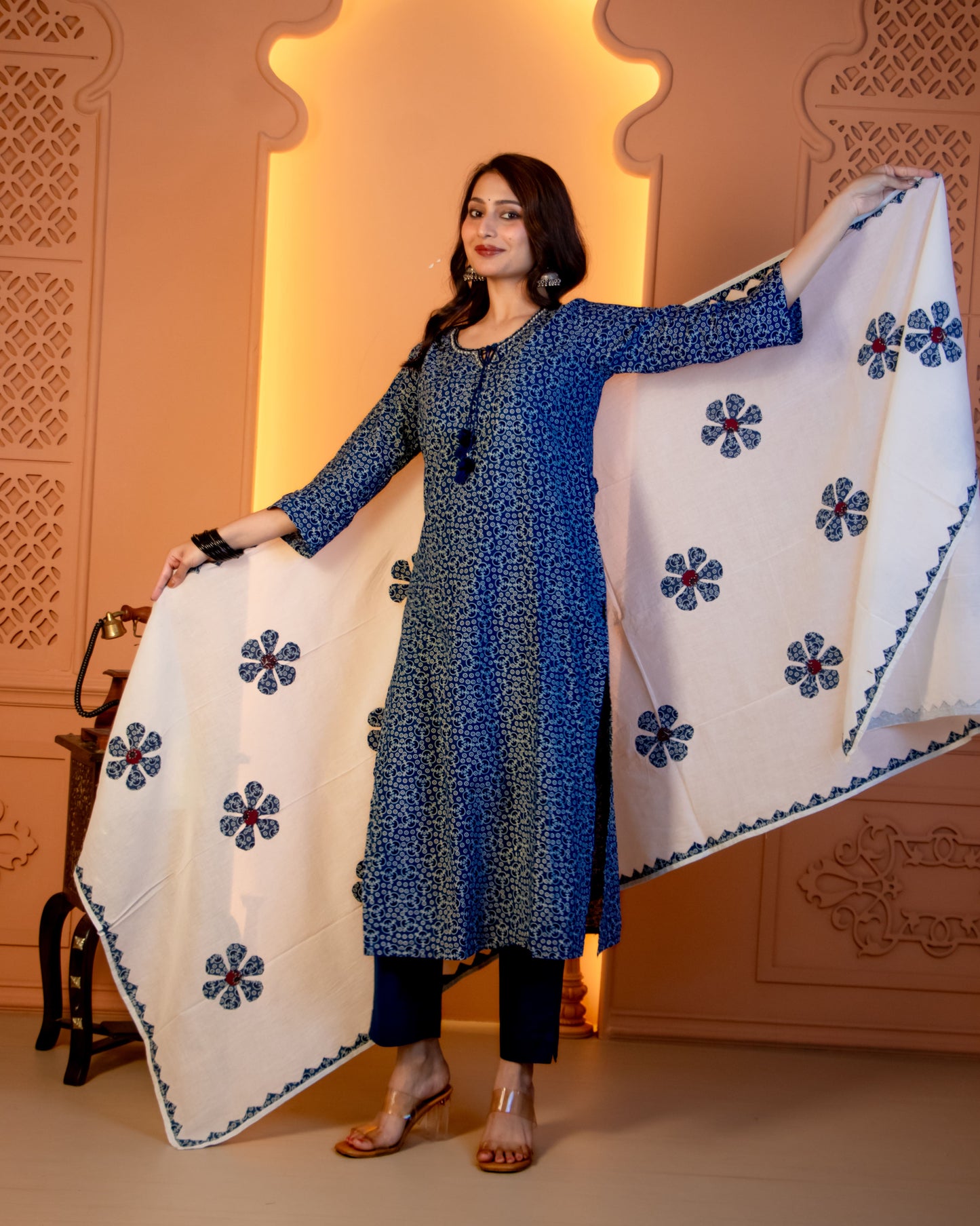 Miras Indigo Blossom Block-Print Kurta Set with Statement Dupatta