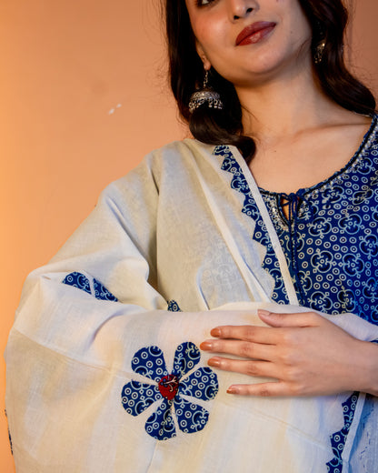 Miras Indigo Blossom Block-Print Kurta Set with Statement Dupatta