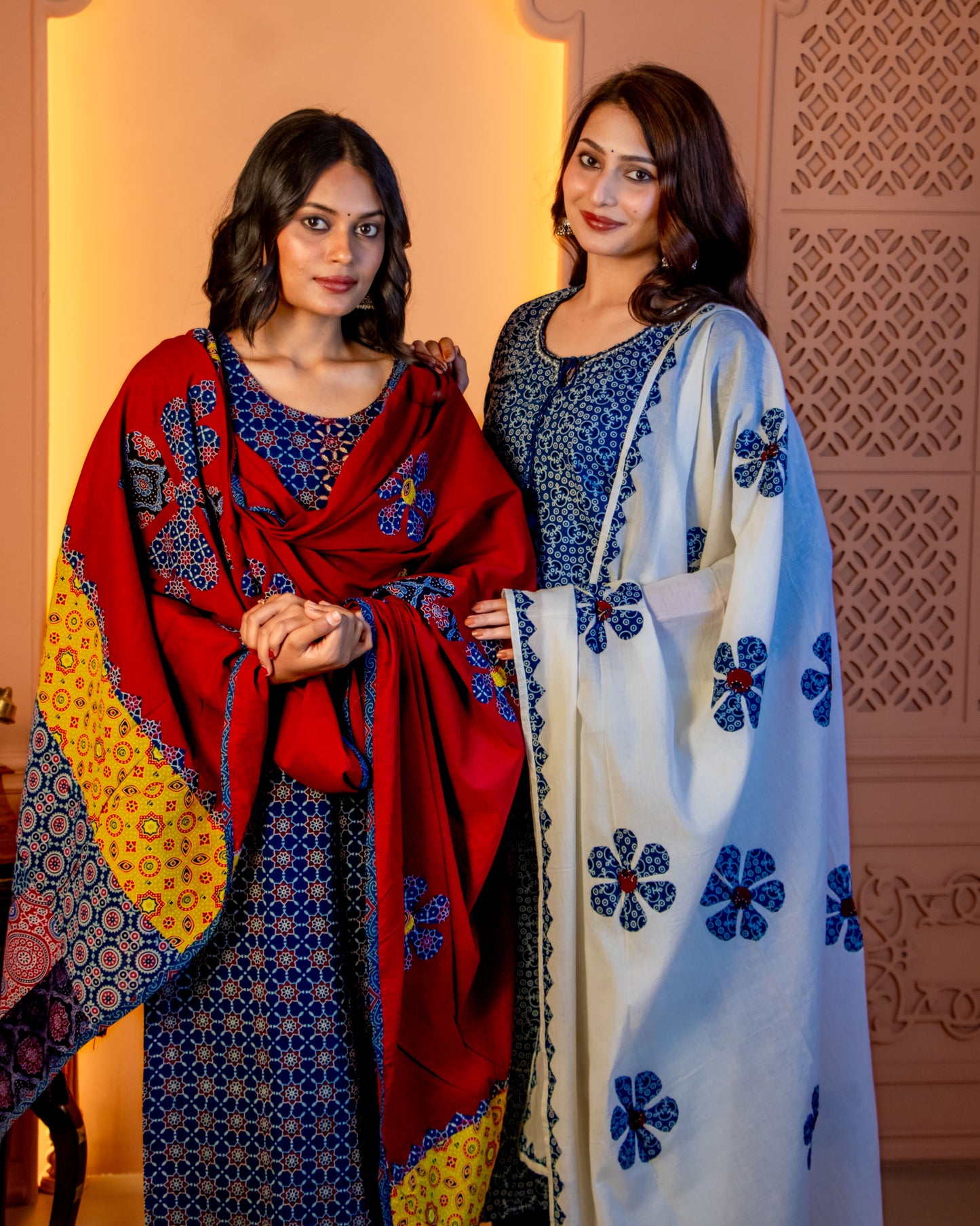 Miras - Indigo Chevron Print Kurta Set with Dupatta