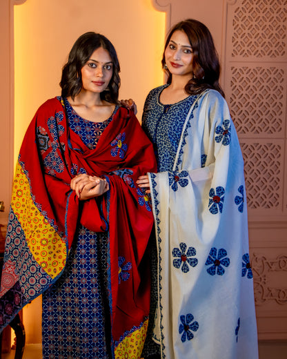 Miras - Indigo Chevron Print Kurta Set with Dupatta