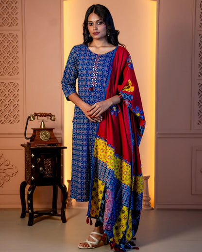 Miras - The Indigo & Crimson Kurti Set with Applique Dupatta