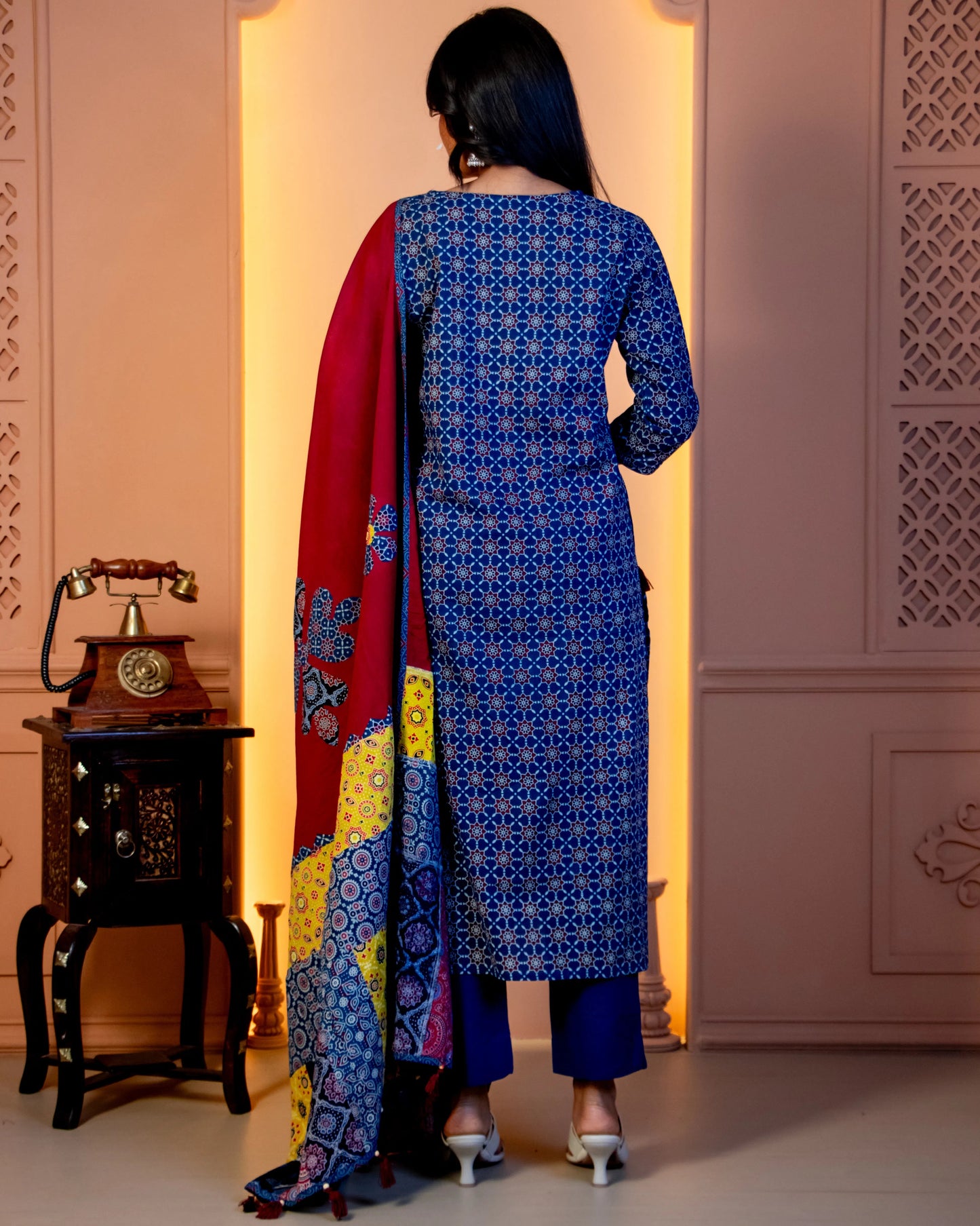 Miras - The Indigo & Crimson Kurti Set with Applique Dupatta