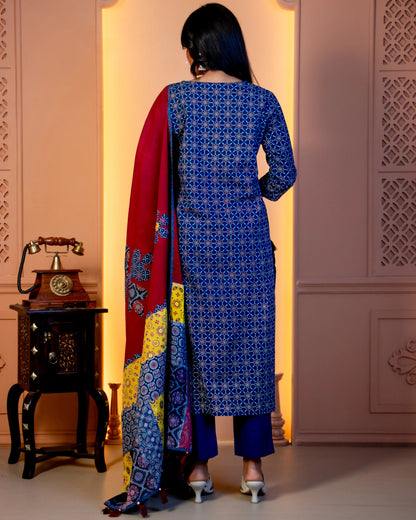 Miras - The Indigo & Crimson Kurti Set with Applique Dupatta