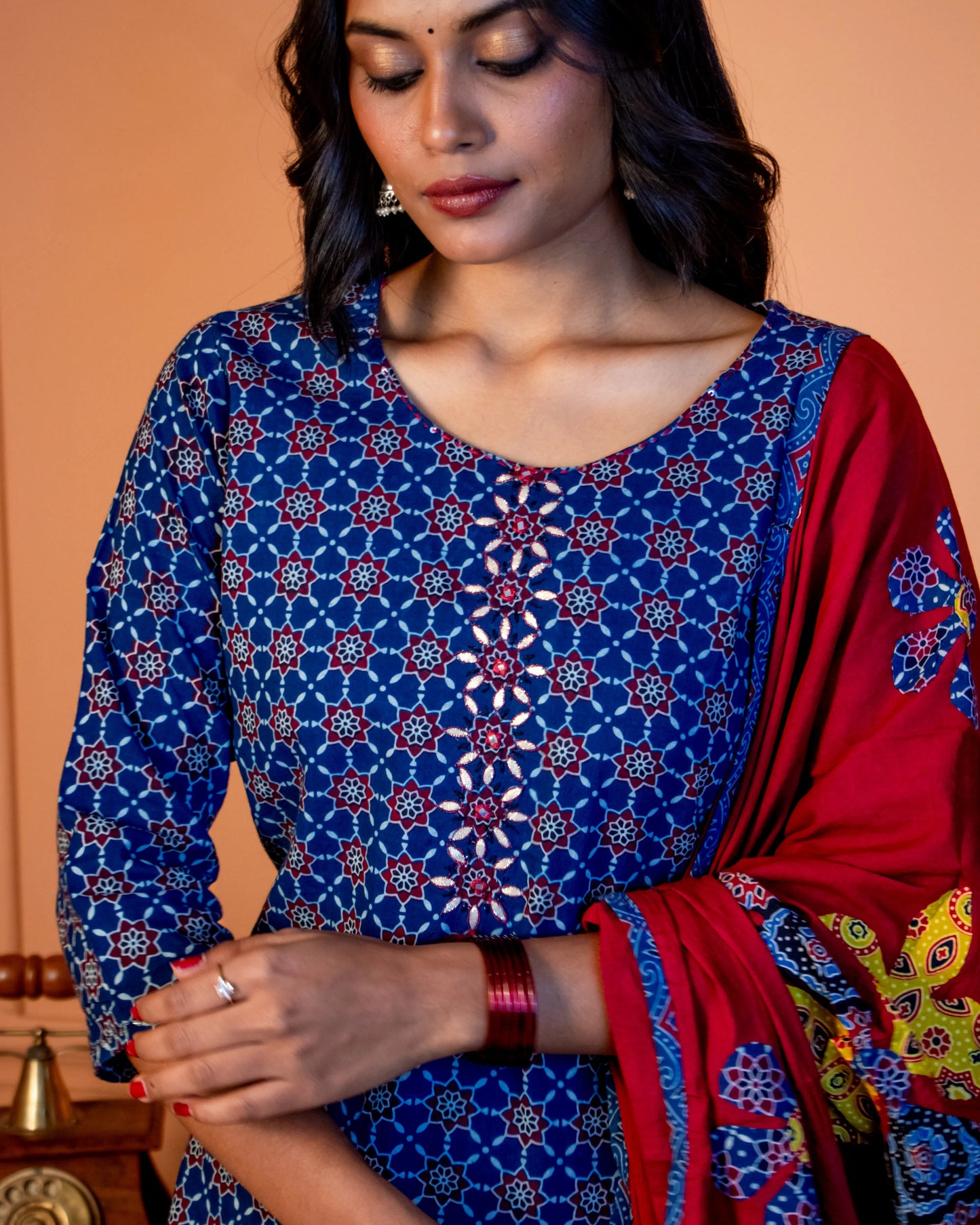 Miras - The Indigo & Crimson Kurti Set with Applique Dupatta
