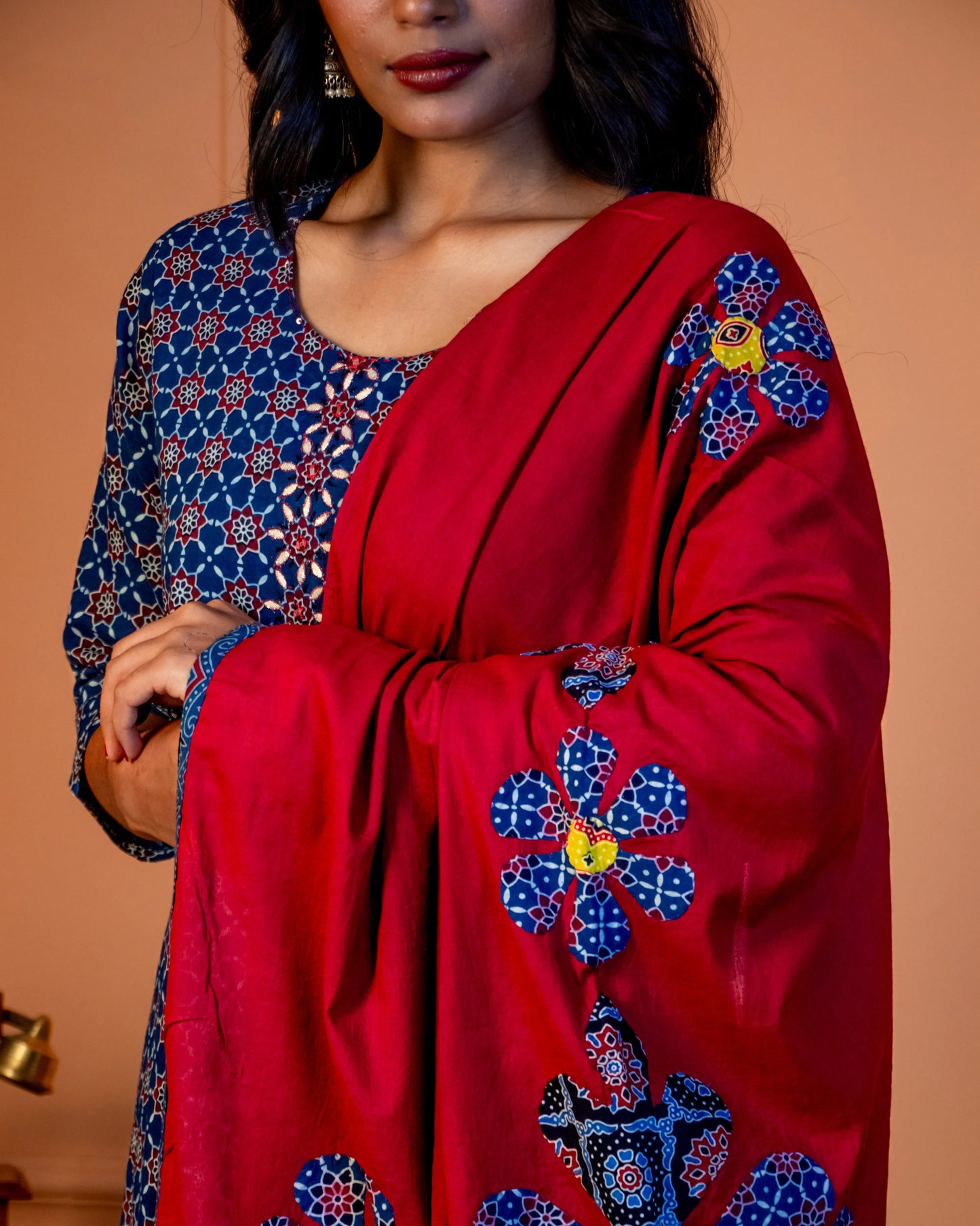 Miras - The Indigo & Crimson Kurti Set with Applique Dupatta