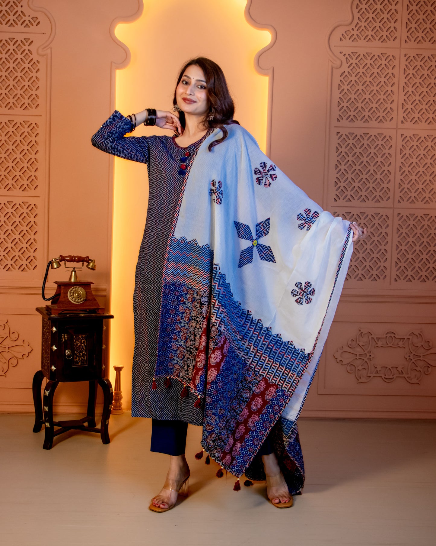 Miras - Indigo Chevron Print Kurta Set with Dupatta