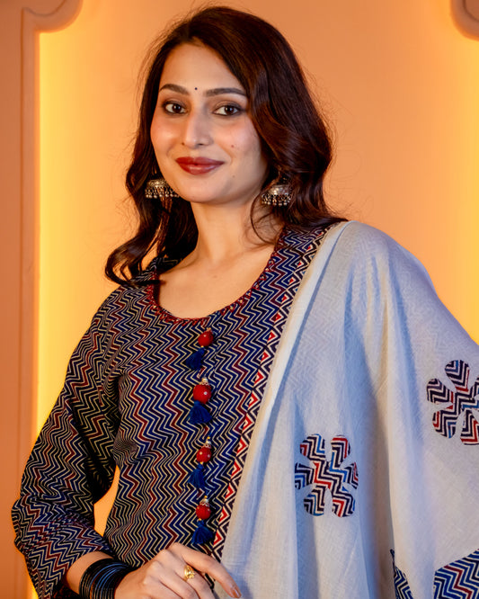 Miras - Indigo Chevron Print Kurta Set with Dupatta