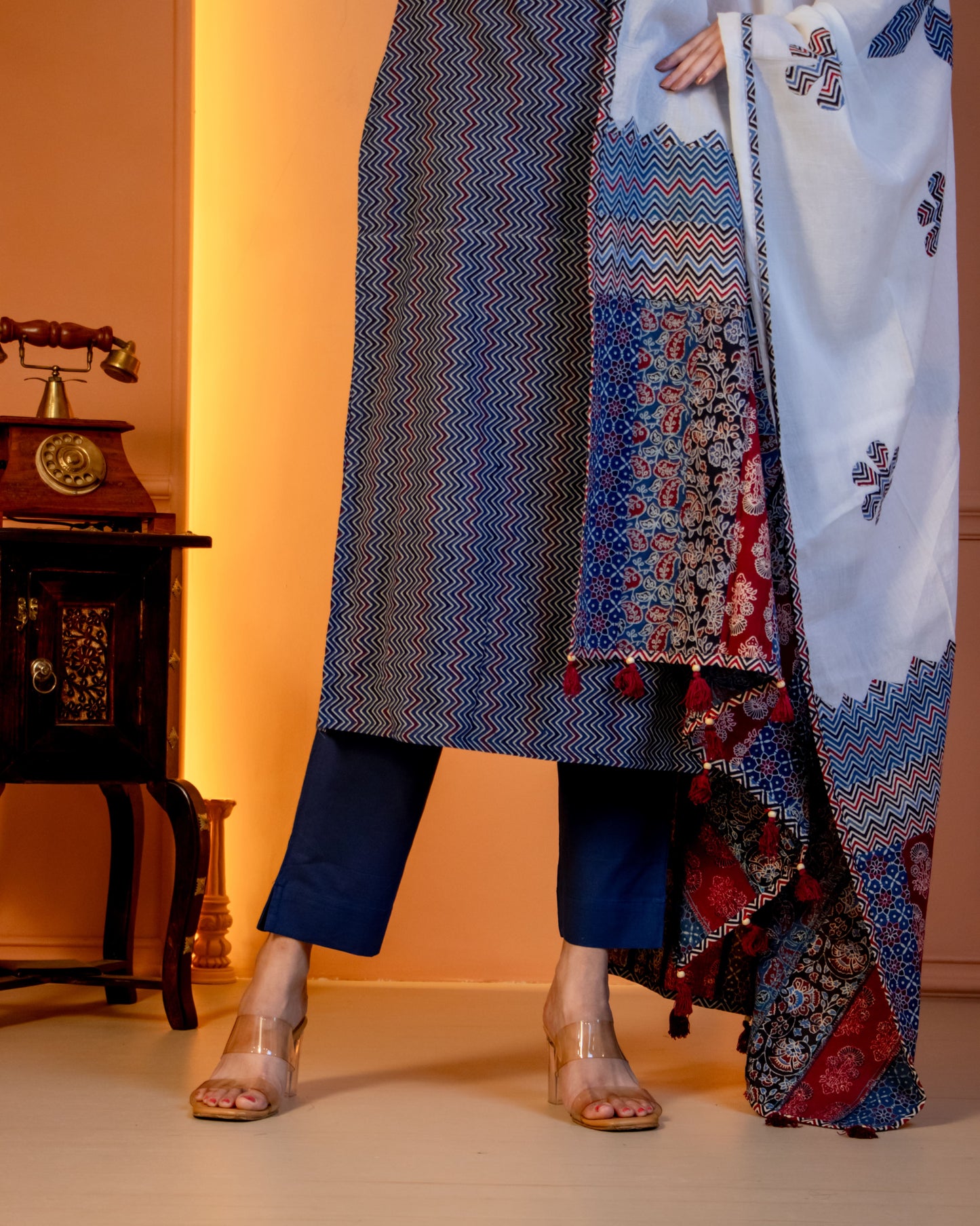 Miras - Indigo Chevron Print Kurta Set with Dupatta