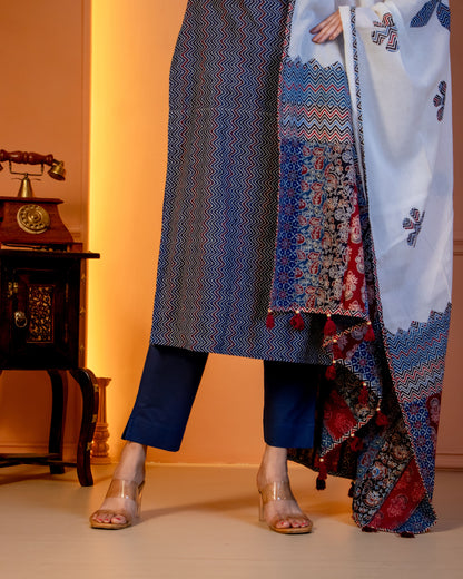 Miras - Indigo Chevron Print Kurta Set with Dupatta