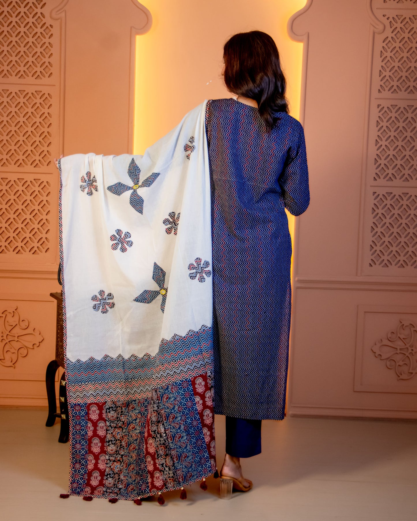 Miras - Indigo Chevron Print Kurta Set with Dupatta