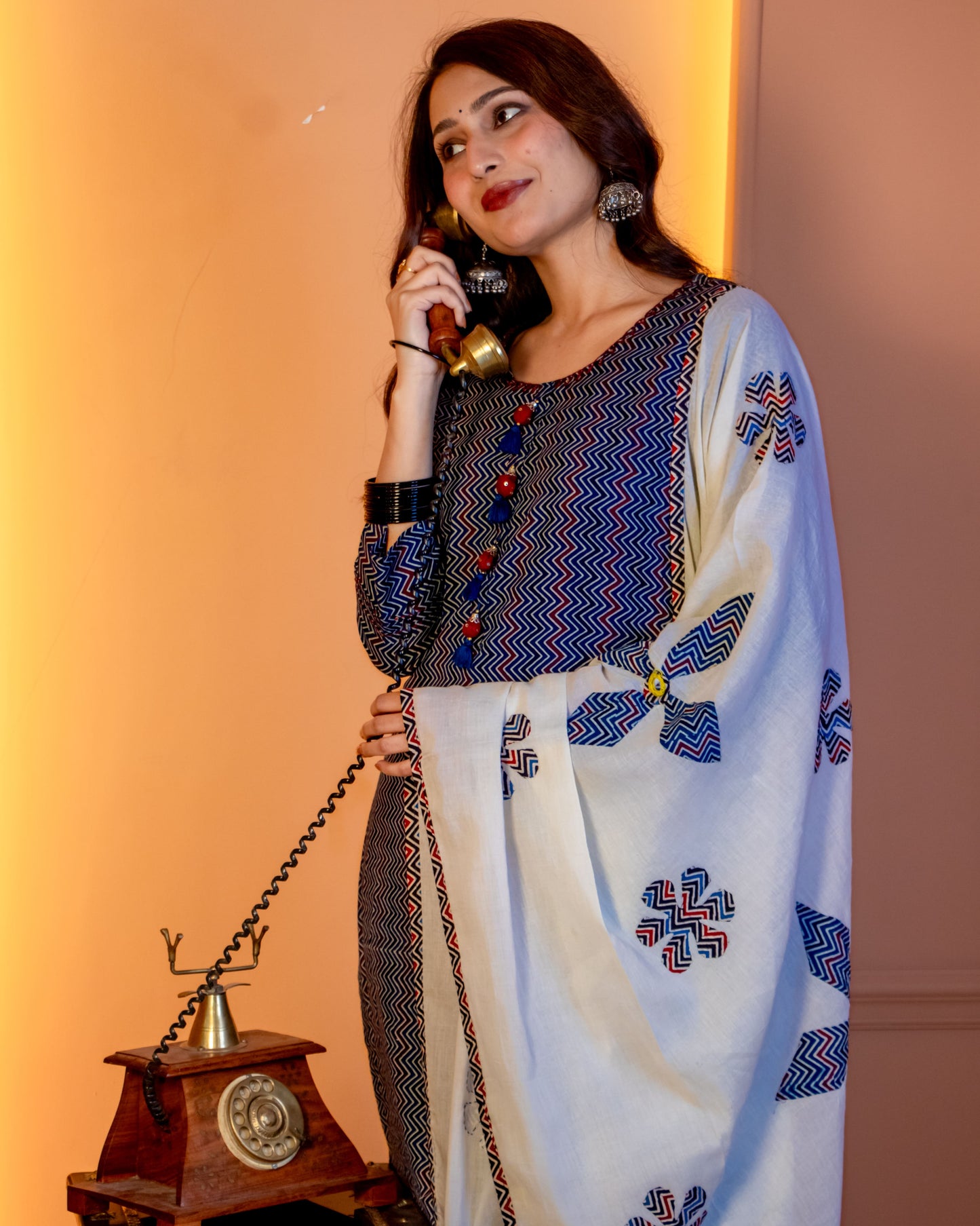 Miras - Indigo Chevron Print Kurta Set with Dupatta