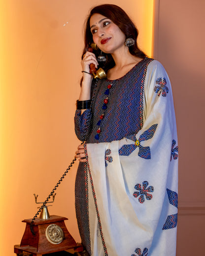 Miras - Indigo Chevron Print Kurta Set with Dupatta