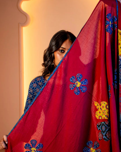 Miras - The Indigo & Crimson Kurti Set with Applique Dupatta