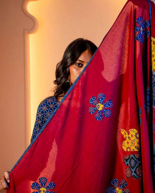 Miras - The Indigo & Crimson Kurti Set with Applique Dupatta