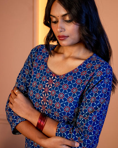 Miras - The Indigo & Crimson Kurti Set with Applique Dupatta