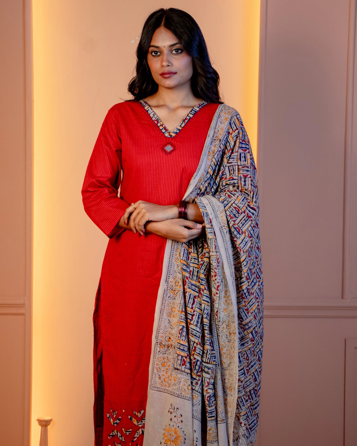 Miras - Crimson Kurti Set Hand block dupatta