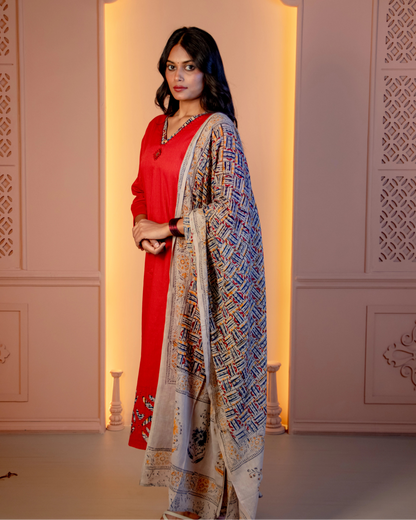 Miras - Crimson Kurti Set Hand block dupatta