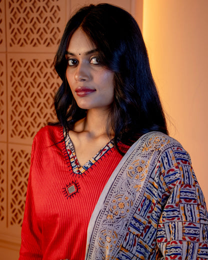 Miras - Crimson Kurti Set Hand block dupatta