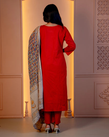 Miras - Crimson Kurti Set Hand block dupatta