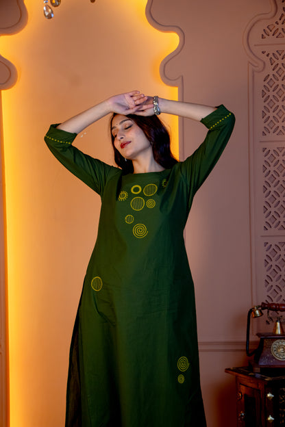Olive Green Hand-Block Applique Kurta & Trouser Set