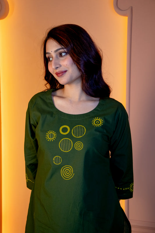 Olive Green Hand-Block Applique Kurta & Trouser Set