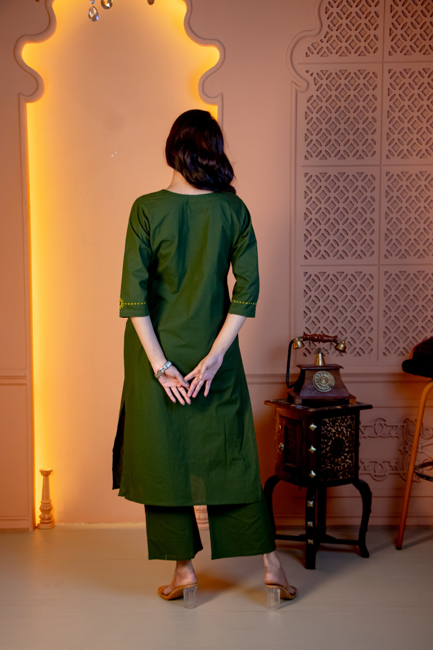 Olive Green Hand-Block Applique Kurta & Trouser Set
