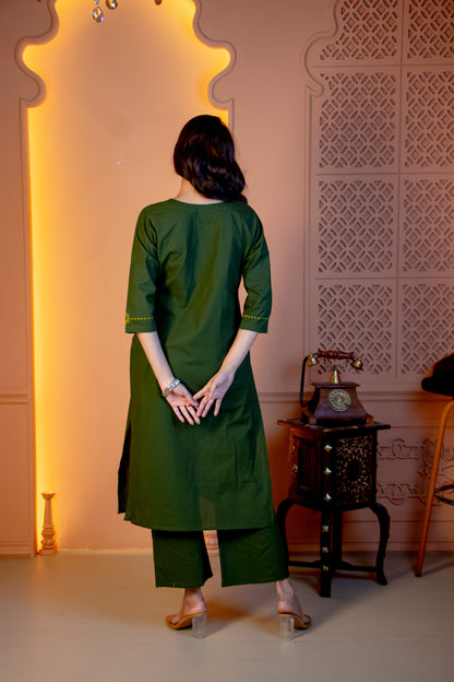 Olive Green Hand-Block Applique Kurta & Trouser Set
