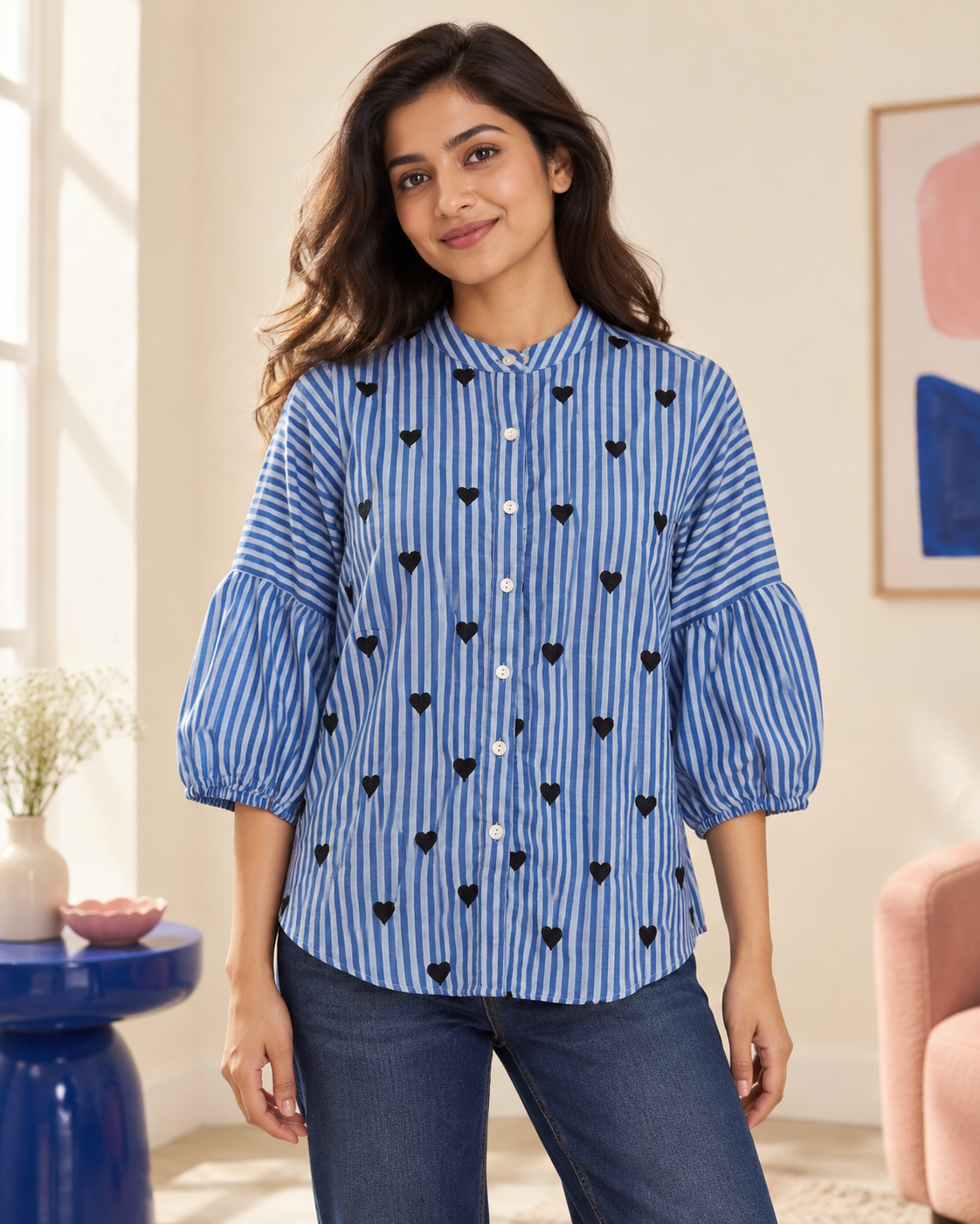 Myra Heart Print Striped Shirt