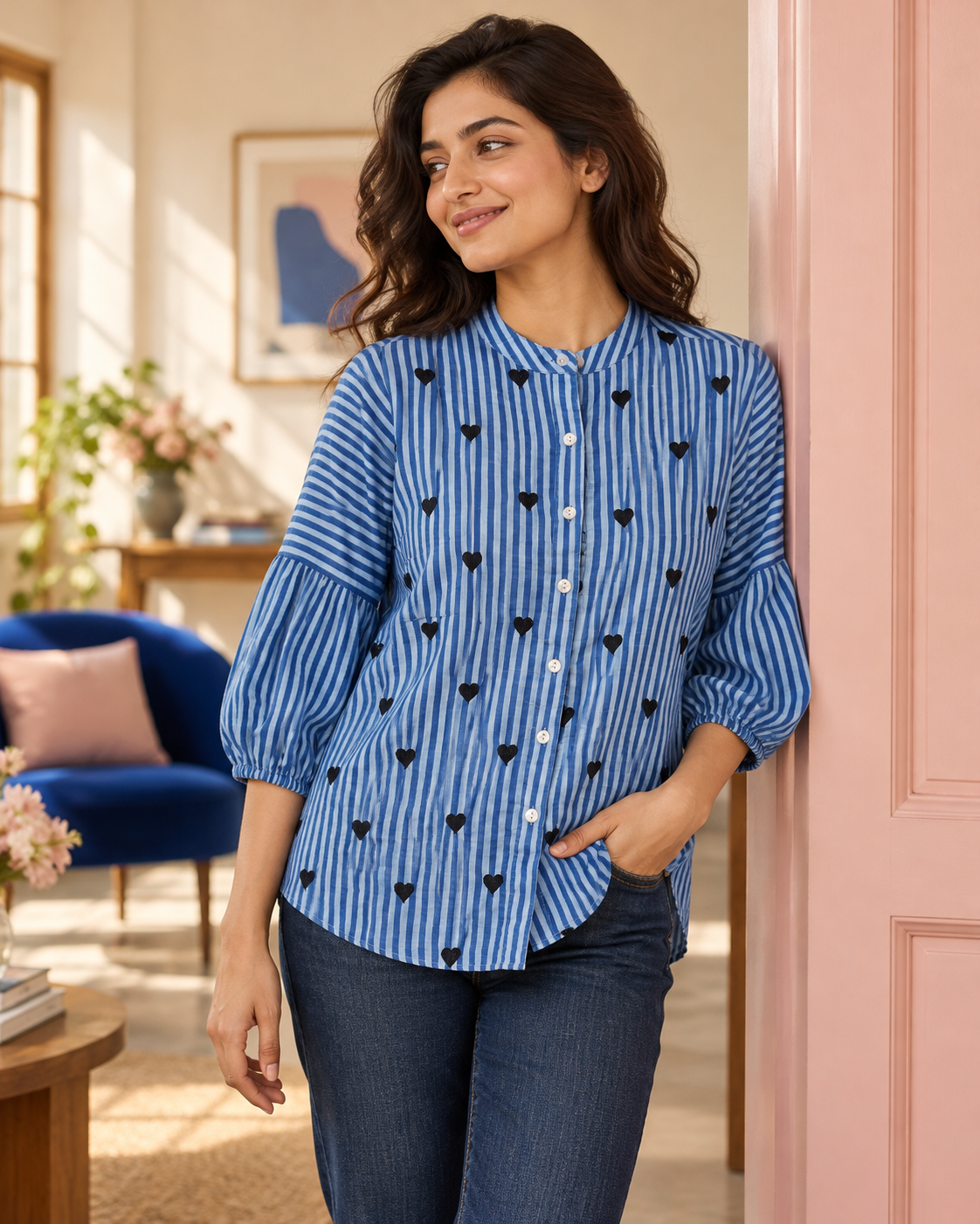 Myra Heart Print Striped Shirt