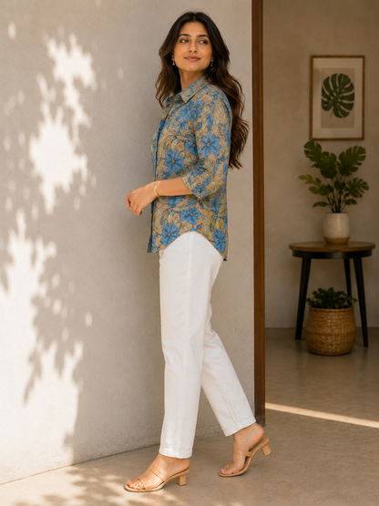 Heritage Botanical Print Shirt – Cerulean & Sand