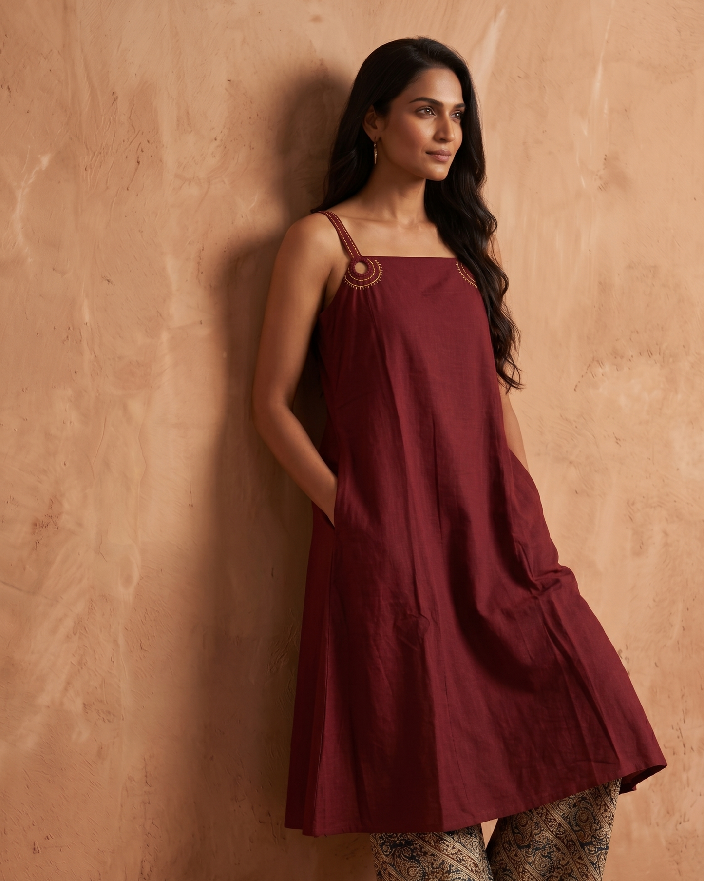 Maru Red A-Line Kurta with Ajrakh Print Pant