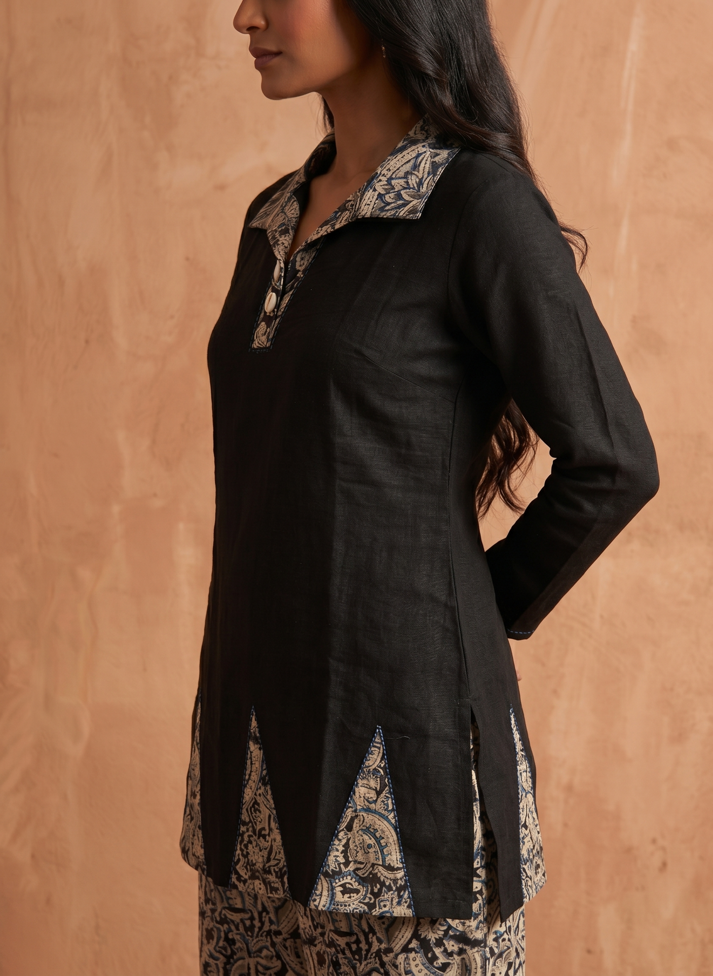 Premium Women’s Black Cotton Co-ord Set - Kalamkari Print Tunic & Wide-Leg Pant Set (2-Piece Ethnic Wear)