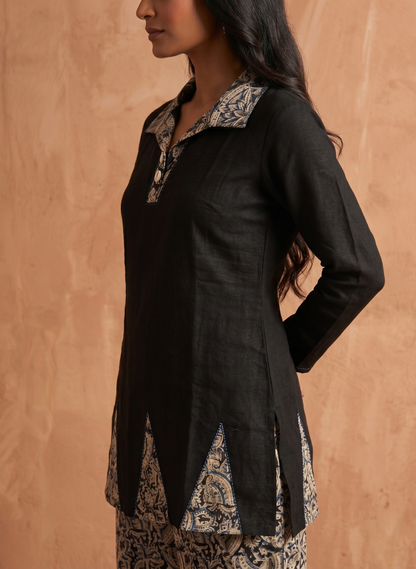Premium Women’s Black Cotton Co-ord Set - Kalamkari Print Tunic & Wide-Leg Pant Set (2-Piece Ethnic Wear)