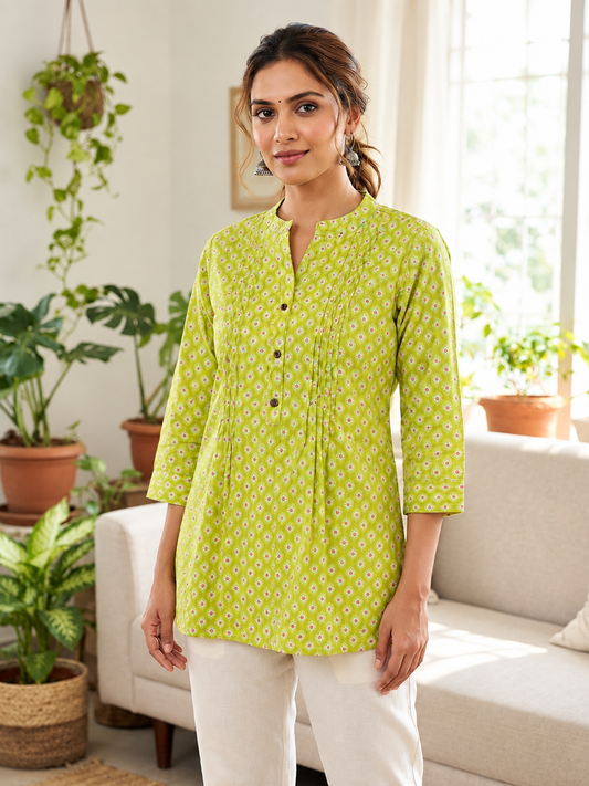 Lime Green Buti Printed Cotton Short Kurti