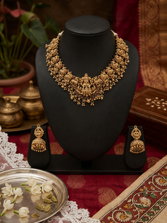 Lakshmi Temple  Necklace Set with Jhumkas