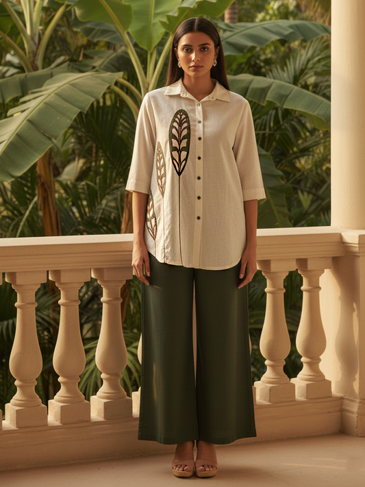 Leaf Motif Shirt & Olive Green Trouser Set