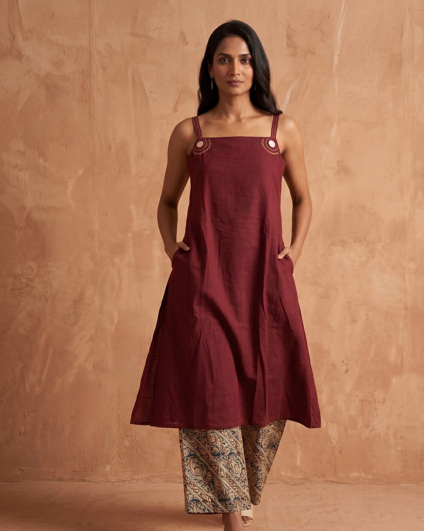 Maru Red A-Line Kurta with Ajrakh Print Pant